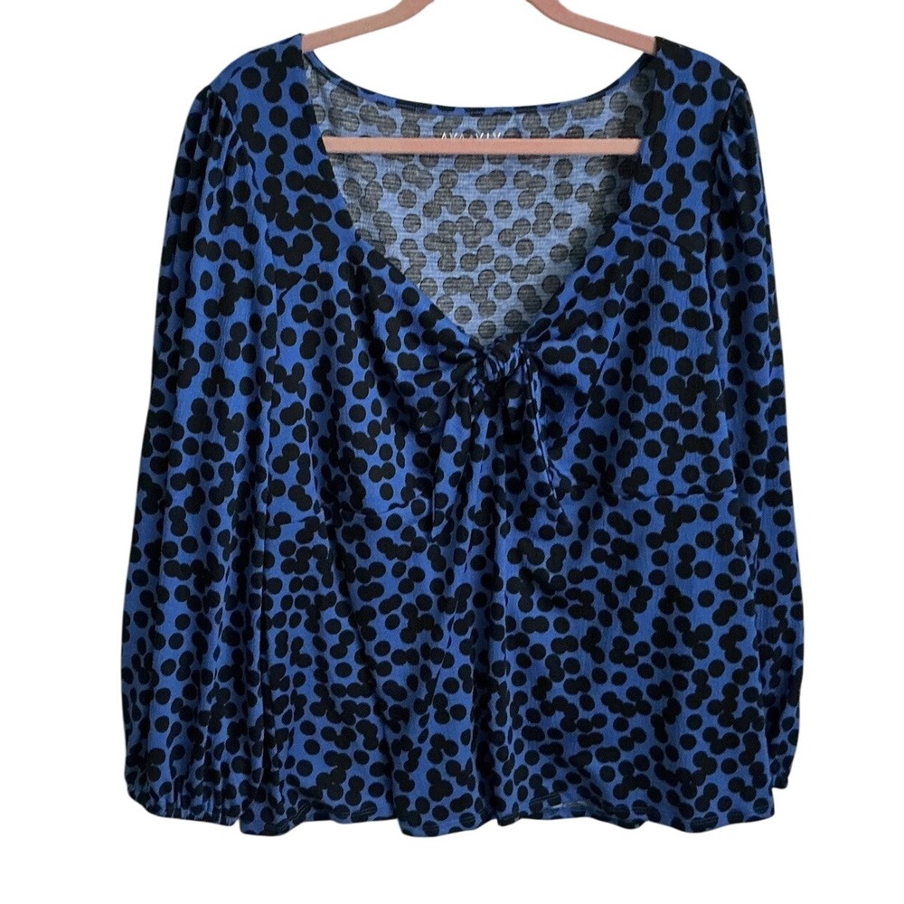 Ava & Viv Women's Size 3X Polka Dot Blouse‎ Blue / Black Balloon Long Sleeve